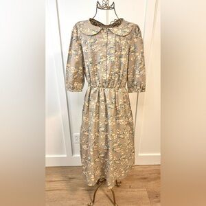Sweet Salt Peter Pan Collar Floral Midi Dress in Neutral Tan and Gold